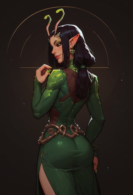 score_9, score_8_up, score_7_up, score_6_up, expressiveh, mantis_rivals, green details, 1girl, solo, antennae, medium hair, ponytail, black hair, pointy ears, nail polish, green nail polish, makeup, black eyes, detailed background, dynamic pose, dynamic angle, black sclera, sexy expression, looking at viewer, detailed background, elegant woman,hourglass body, good lighting, view from behind, ass, pov, green dress with black details, adult woman, elegant, half-closed eyes, seductive smile, seductive, sexy, jewelry, dramatic lighting, earrings, g0thicPXL, half-closed eyes, seductive smile, seductive, <lora:Expressive_H:0.3> <lora:g0th1cPXL:0.5> <lora:incase-ilff-v3-4:0.6>  <lora:Mantis_Marvel_Rivals_-_PonyXL:0.6>