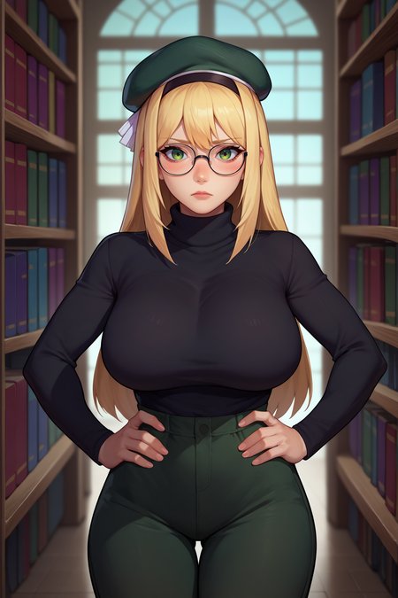 score_9, score_8_up, score_7_up, score_6_up, source_anime, 1girl, solo, <lora:m1garand-pdxl-nvwls-v1-000005:1> gflm1, blonde hair, long hair, green eyes, beret, black hairband, black sweater, turtleneck, green pants, looking at you, big breasts, hands on hips, library, glasses, blush