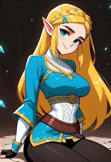 masterpiece, best quality, medium breasts, (curvy),   BREAK,  princess zelda, long hair, crown braid, hairclip, pointy ears, blue shirt, long sleeves, fingerless gloves, black gloves, black pants, tight pants, smile, curvy, head tilt, sitting,smile, looking at viewer, cowboy shot,  <lora:Style60_IXL:1.5>,