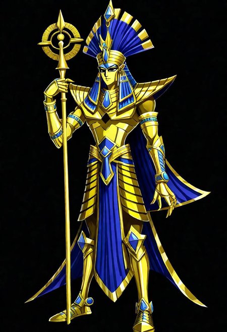 ncrender of yami yugi as an Egyptian pharaoh with golden armor,simple background,black background
