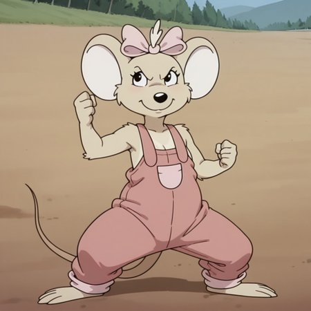 masterpiece, best quality, amazing quality, Marciabbil, semi-anthro, female, Marsupial Mouse, tan fur, black eyes, pink overalls, pink bow, hair bow, outside, fighting stance,, solo