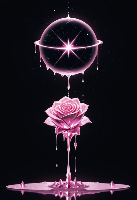 (masterpiece), best quality, Anime, Illustration, (Floating Sphere, Crystal, Magic, Reflection, Melting, Dripping, Pink Rose), Black Background, No Humans, Starry Theme, (Light Refraction), White and Pink Theme, Natural Lighting, symphtia-style