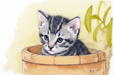 Sharp image of a rough sketch, rendered in vibrant multi colour ballpoint pen, capturing the adorable features of a close-up of a small kitten sitting inside a woven basket. The kitten is gray and black striped and is looking directly at the camera with a curious expression. Its fur is soft and fluffy, and its eyes are wide open, giving it an alert and inquisitive look. The basket is made of light-colored wood and has a woven texture. The background is blurred, but it appears to be a natural setting with a plant visible in the top right corner.  p3nsk, <lora:p3nsk:1>