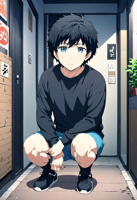 high resolution, solo, best quality, 1Boy, Arata Kaizaki, Black Hair, Blue Eyes, lofi, candid, squat, depth of field, photo model, looking at viewer, OverallDetail