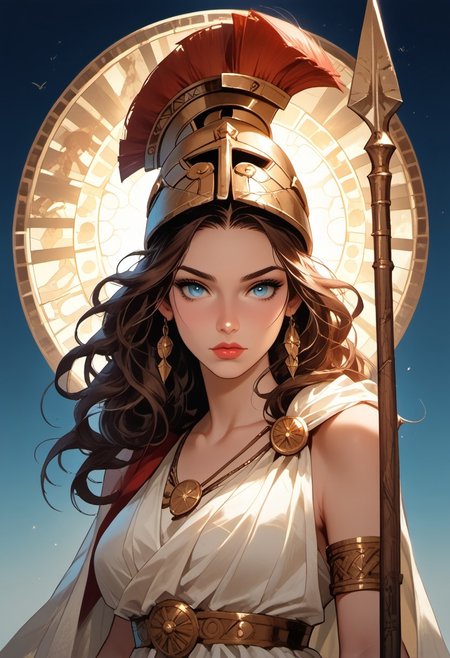 Stable_Yogis_PDXL_Positives, (score_9, score_8_up, score_7_up), ((Greek mythology style)), ((face focus, eye focus, dynamic angle, motion)), 1girl, solo, fantasy, (greek_athena, helmet ontop of head, brown hair, long hair, toga, armor, sandals), (ancient greek clothes), (armor), (holding spear), lace, cape, breathless intimacy, tanned skin, petite model bombshell, heart, young, delicate features, narrow pointy nose, tiny nose, lust, big eyes, seductive eyes, blue eyes, detailed skin, flared lashes, mascara, makeup, perky huge breasts, athletic body, narrow waist, skinny hips, 
warm light, detailed, neon dark party
 BREAK
milky way, runes, arcane, astral, surreal, ethereal glow, masterpiece, best quality, intricate design. colorful, moonlit nightsky, stained glass aesthetic, moody whimsical color palette, murano glass, bold soldering lines, volumetric light shining through, crepuscular rays, intricate craftsmanship, detailed texture, luminous transparency, reflective light play, vivid hues, atmospheric depth, enchanting silhouette, art nouveau,