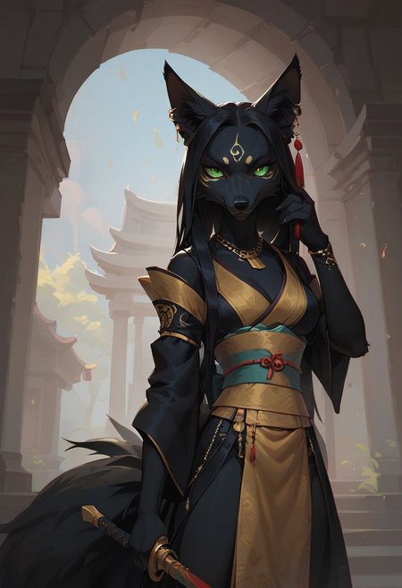 score_9, score_8_up, score_7_up, (1girl), solo Black furry fox  green eyes, dressed in a white and black men's kimono. The fur on the ears and tail is yellow (gold) at the very end. He stands with a staff in a fighting stance. a calm expression on his face. an abandoned Japanese temple. A bright day . Front flare lighting