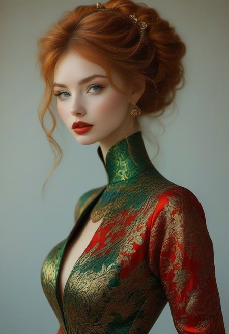 bellissima, 30 years old female as goddess of fire (slender, athletic), skin tight Green-red intricate brocade gown with a deep cleavage, golden bangles, a lot of loose golden anklets, (extreme intricate high heels), looking at viewer, open mouth, blue eyes, ginger long bun hair, teeth, lips, long black eyelashes, realistic, small nose, vibrant colors, erotic dynamic pose, full body view, RAW Photo, fashion magazine shot,