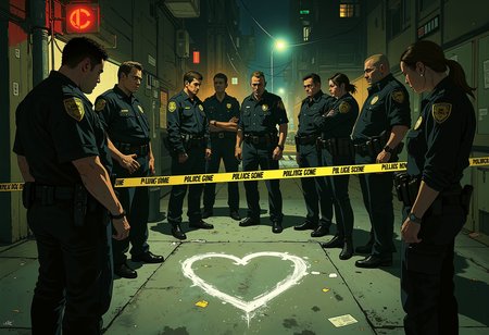 Illustration style, capturing the tense atmosphere of a criminal scene.
At the center of the frame stands a heart-shaped chalk outline, symbolizing the victim's position at the crime scene.
Police officers are gathered around the chalk outline. Their expressions convey seriousness and focus as they investigate the scene.
The crime scene is cordoned off with police tape, creating a distinct boundary between the area under investigation and the outside world. The background highlights the professionalism and dedication of law enforcement as they work together to solve the case. Lighting conditions are likely dim or with spotlights to emphasize the seriousness of the moment.
The scene is set in a typical urban environment outside on a street. The overall atmosphere is tense and serious, fitting the tone of a murder investigation in a criminal movie.
DB4RZ style painting, anime, cyberpunk <lora:Daubrez-DB4RZ:0.3> <lora:cyberpunk_anime_flux:0.5> <lora:Luminous_Shadowscape:0.3>