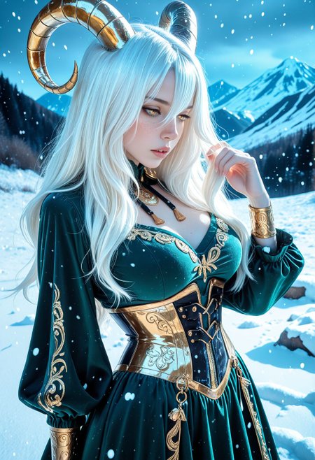 SmoothNoob_Quality, 1girl, solo, gold goat horns, freckles, white hair, long bangs, golden eyes, pale skin, green dress, trimmed dress, ornate clothes, black underbust corset, night, snow, snowing, mountainous horizon, half-closed eyes, parted lips, adjusting hair, breathing,   <lora:Smooth_Booster_v3:0.8>