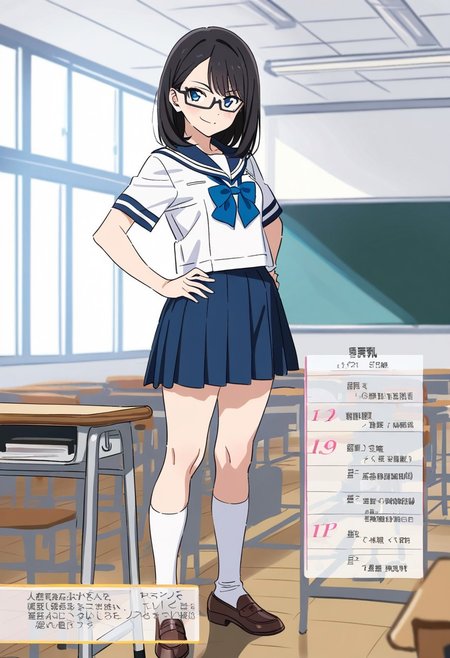 masterpiece, best quality, depth_of_field, 
1girl,  18yo girl, 
young face, fit body, young body, 
small breasts, black hair, side-swept bangs, medium hair, show clavicle, 
blue eyes, rectangular glasses, 
school uniform(blue sailor uniform, short sleeves, blue skirt,)
 white panty, thick thigh,
white socks, brown leather shoes,
serious face, smirk,
magazine shoot, model pose,
classroom,
uncensored,