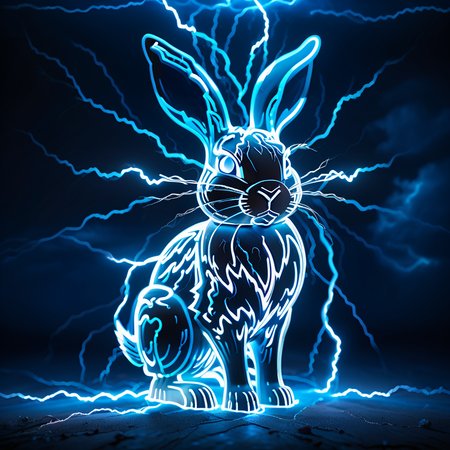 (Masterpiece, high quality, best quality, official art, beauty and aesthetics:1.2),<lora:xl_shanbailing_0927lightning-000010:0.9>,thunder,composed of elements of thunder,no humans,glowing,glowing eyes,blue theme,bunny,
