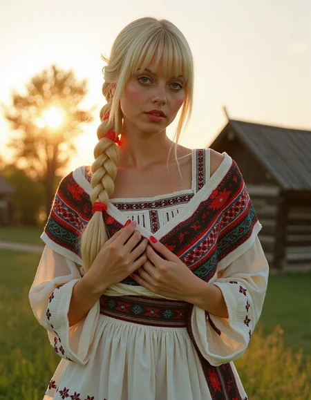 analog photography, shot by Kodak Duaflex II, ultra detailed, ultra quality, cinematic,  dynamic posing, sensual pose, bangs, a mesmerizing woman with platinum blond hair woven into an elegant braid, adorned with bright red ribbons, standing in a lush meadow. She wears a traditional Romanian blouse (ie) with intricate black and red embroidery, symbolizing fertility and protection. Her flowing white skirt features delicate floral lace along the hem, and a wide, beaded belt accentuates her waist. Over her shoulders, she drapes a vibrantly woven wool shawl with geometric patterns. Her gaze is soft and mysterious, her Slavic cheekbones illuminated by the golden sunset as she stands near a quaint wooden village.  <lora:Janacovaxhres-grm80vx:1> jancov