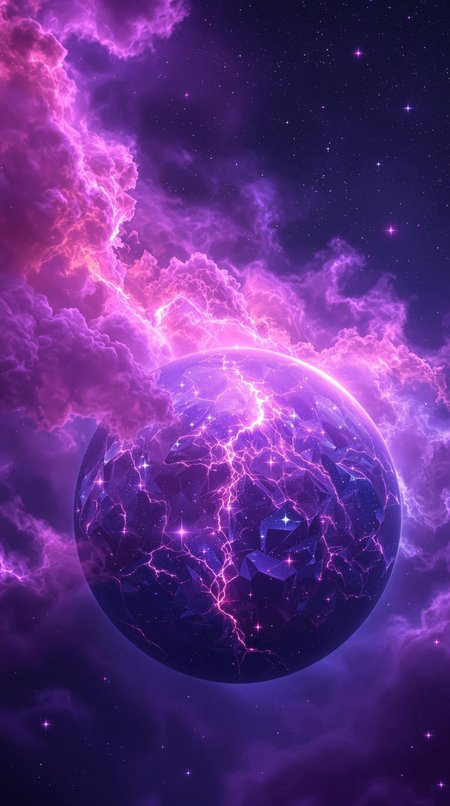 A breathtaking crystal planet seen from space, glowing with a luminous, ethereal purple light. The surface of the planet is covered in large, jagged crystal formations that shimmer with an iridescent glow, reflecting light in a dazzling array of colors. Surrounding the planet is a vast nebula, swirling with soft purple, pink, and violet hues, creating a dreamlike atmosphere. The nebula's vibrant tendrils stretch across the background, with distant stars twinkling faintly. The planet's surface and atmosphere are illuminated by a mysterious, otherworldly light, creating an awe-inspiring and mystical view from afar, capturing the incredible quality and detail of this alien world