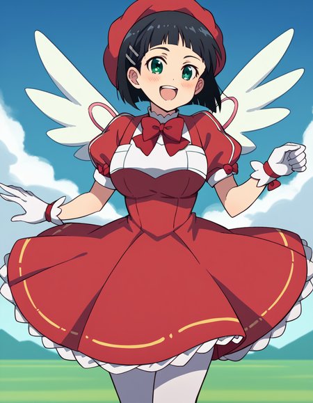 score_9, score_8_up, score_7_up, source_anime, suguhakirigaya, <lora:suguha-kirigaya-s1-ponyxl-lora-nochekaiser:1>, suguha kirigaya, short hair, black hair, hair ornament, hairclip, green eyes, large breasts,, <lora:sakura-kinomoto-cosplay-ponyxl-lora-nochekaiser:1>, sakurakinomotocosplay, kinomoto sakura \(cosplay\), bow, bowtie, dress, gloves, hat, magical girl, pantyhose, petticoat, ppuffy short sleeves, puffy sleeves, red bow, red bowtie, red dress, red hat, short sleeves, white gloves, white pantyhose, white wings, wings,, outdoors, open mouth, blush, smile, flying,, cowboy shot, dutch angle, solo,