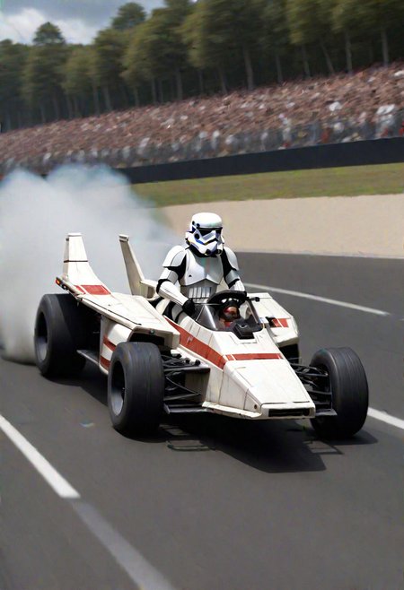 storm trooper driving a formula 1 X-wing seen from the side as it passes the onlookers