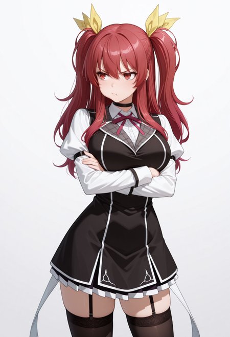 masterpiece,best quality,absurdres,highres,very aesthetic,high quality,detailed,insanely detailed,beautiful, white background, 
upper body, pouting, arms crossed, 
 <lora:Stella Vermillion illu:1> 1girl, long hair, hair ribbon, red hair, red eyes, twintails, two side up, school uniform, yellow ribbon, choker, garter straps, zettai ryouiki, black thighhighs