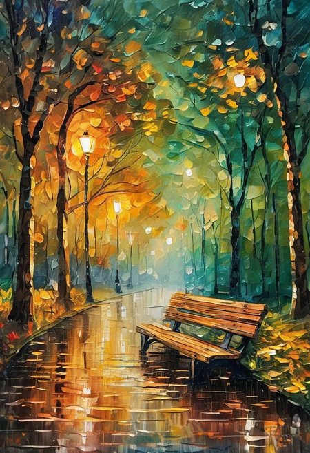Masterpiece, mix of paper quilling and oil painting in the style of Leonid Afremov. Highly detailed illustration of a close up on a green bench in a park on a rainy november night.