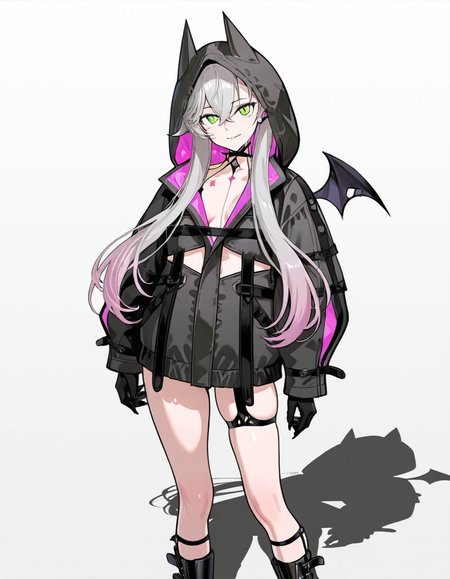 Volumetric Lighting, (masterpiece), (best quality), (ultra-detailed), masterpiece, source_anime, score_9, score_8_up, score_7_up BREAK, illustration, disheveled hair, detailed eyes, perfect composition, moist skin, intricate details, detailed eyes, detailed face, detailed fingers BREAK, Lilith, grey hair, green eyes, gradient hair, pink hair, crossed bangs, colored skin, sharp fingernails, lilith_body_markings,slit pupils BREAK, Lilith1st, 1st_hoodie, partially unzipped, 1st_chest_strap, 1st_choker, 1st_mini_wings, 1st_ear_piercings, 1st_thigh_strap,1st_boots, 1st_leg_tattoo, 1st_socks, hood up,breasts BREAK, looking at viewer, smile, standing,shadow,white background, simple background