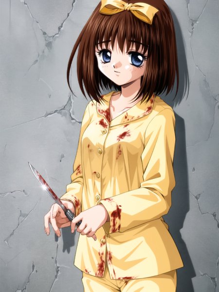 nakura yui, 1girl, solo, looking at viewer, short hair, blue eyes, brown hair, long sleeves, bow, holding, standing, hair ribbon, hair bow, blood, buttons, shadow, knife, letterboxed, yellow bow, yellow ribbon, pajamas, blood on face, dark, pillarboxed, boxcutter, red pajamas, holding boxcutter

<lora:moon-v2:1>

cowboy shot, dynamic pose,
