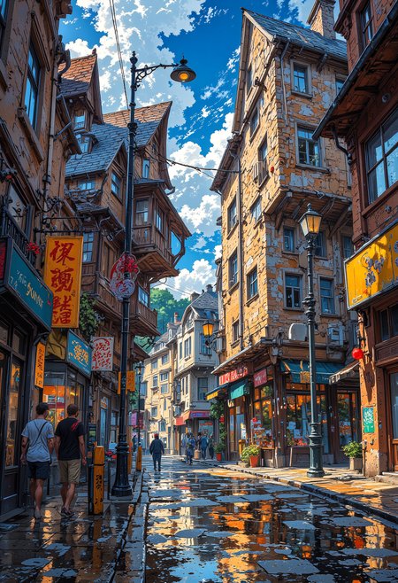 A bustling city street folds and twists like a crumpled sheet of paper, yet the people walking along it seem unfazed. Buildings stretch and curve into impossible shapes, their windows and doors distorted like a funhouse mirror. A cyclist rides along a road that loops in on itself, and a streetlight appears to be melting into a pool of liquid light. The perspective shifts unpredictably, making it hard to tell which way is up or down.