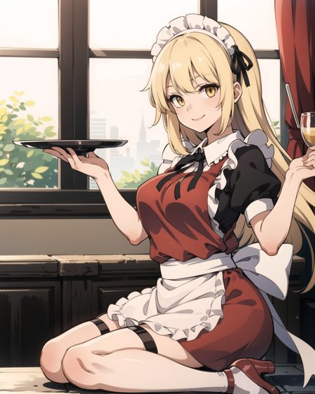<lora:yumeko_(touhou):1:BODY>, yumeko_(touhou), solo, 1girl, smile, long_hair, breasts, blonde_hair, skirt, ribbon, dress, yellow_eyes, frills, short_sleeves, very_long_hair, puffy_short_sleeves, shoes, apron, brown_footwear, maid_headdress, maid, high_heels, white_apron, frilled_apron, maid_apron, garter_straps, wavy_hair, red_dress,