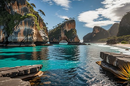 A cinematic scenic photography  Along a secluded Tasmanian inlet where rugged rocks meet cool Southern Ocean and scattered palm palms sway, At late morning clarity, (southern sun:1.12) illuminates turquoise channels, crisp palm shadows on ledges, sea sprays diamonds. ,, Masterpiece,best quality,realistic,HDR, 8K, masterpiece, absurdres, highly aesthetic,realistic anatomy,focus on realism and natural details, fine details