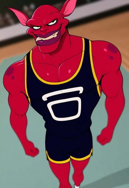 <lora:NawtSJ:1>, NawtSJ, 1boy, solo, colored skin, red skin, black eyes, perfecteyes, fangs out, toned male, muscular, athletic build, large pectorals, depth of field, soft shading, flat colors, digital media, hyper-detailed, HD, highres, amazing quality, absurd res, very aesthetic, cinematic, dutch angle, detailed background, tank top, dolphin shorts, from above, close up, face focus, smirk, portrait
