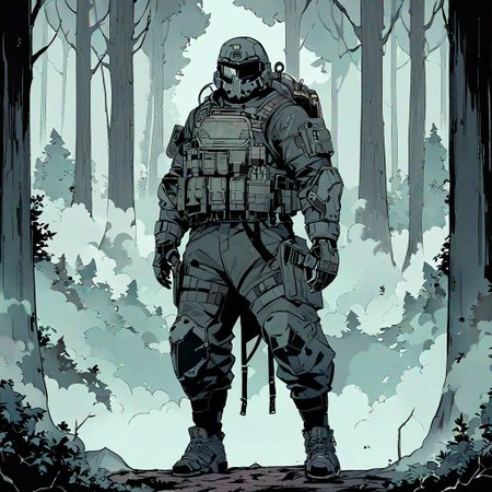 high-definition 8k comics artwork in dgst art style of an special forces soldier wearing tactical armor standing in a thick forest with fog, full body.