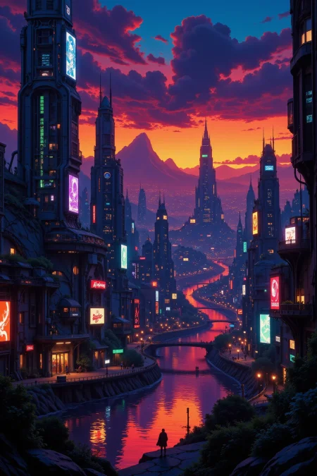 a futuristic sci-fi fantastic cyberpunk city beautiful  landscape, dusk, woman, very intricate, very detailed, sharp, bright, colorful, <lora:Hand v2:0.5> <lora:Anti-Blur:1><lora:Insane Detail Slider:0.25>  <lora:flux.1_lora_flyway_Epic-detail_v2:0.3> <lora:fluxenhancer:0.25> <lora:Anime_style:0.6> anime style