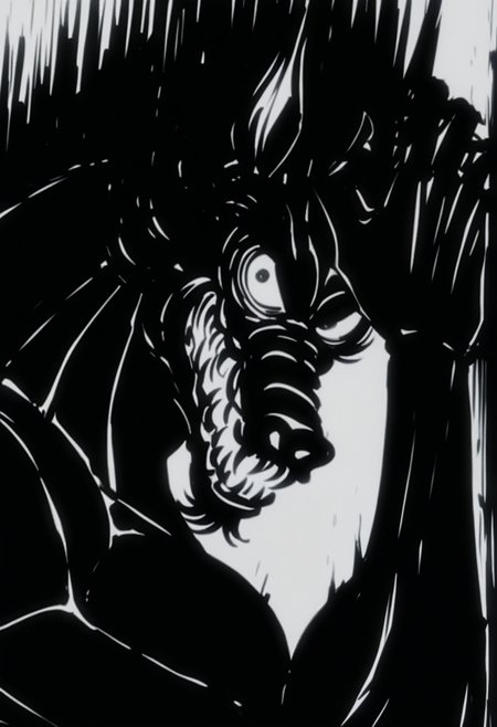 masterpiece,best quality,amazing quality, 1boy, solo, sp1r1t, monster, close up, side angle, ink (medium), smirk,