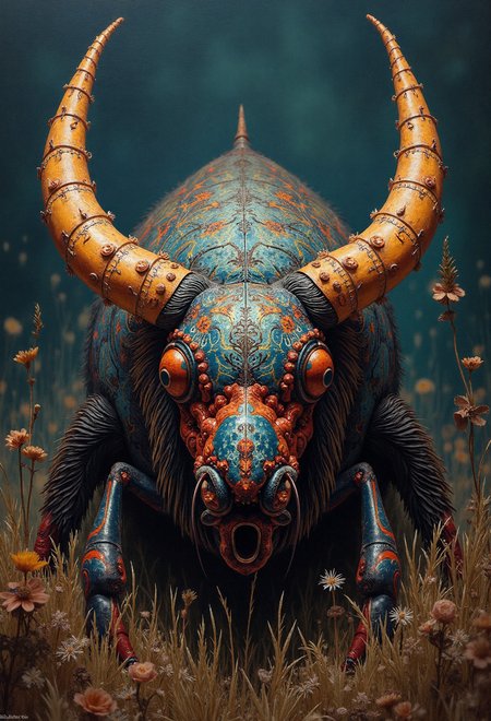 dark art by Otto Marseus van Schrieck,Martin Grelle and Kiki Smith,Painting,a new vw beetle monster truck in cyberpunk style,Still life,flora and fauna,dark palette,intricate details,Western art,cowboy and Native American subjects,sweeping landscapes,nostalgic scenes,atmospheric lighting,Contemporary art,figurative sculpture,themes of femininity and spirituality,positive emotional,vivid colors,complex,perfect symmetry,