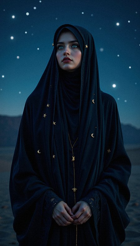 photorealistic image of a hijabi arab woman enveloped in a dark, flowing veil that is adorned with tiny, glowing stars. Her bright light green eyes, the only visible feature, are captivating, glowing softly under the moonlight. The background is a serene night sky filled with shimmering stars and subtle light rays, giving her an almost celestial aura.

a rich, flowing velvet fabric for her abaya that absorbs light, giving her outfit a soft, matte finish.celestial-themed jewelry accents, such as small moon and star charms on her veil and earrings, enhancing the mystical feel.a delicate lace trim with star motifs along the edges of her veil and abaya, highlighting her elegance and modesty.softly glowing hijab pins shaped like stars or moons, securing her veil in place with elegance. gold leaf detailing on her abaya’s borders, reflecting the light and adding a touch of elegance to her outfit.a midnight blue hijab with subtle, woven patterns that resemble constellations, contrasting gently with her dark abaya.Line the inside of her abaya sleeves with a soft, shimmering silk fabric that shows when she moves, adding a luxurious touch.

 gentle light rays filtering through the background, adding a sense of depth and illuminating her figure subtly.Highlight the intricate lace detail on her veil with soft lighting, emphasizing its texture and craftsmanship.a faint, silhouetted landscape in the background, such as a distant mountain or sand dune, lightly illuminated by the starlight.

Her facial aesthetics include a soft shadow under her eyes, giving them depth and enhancing her intense gaze.a soft, glossy finish to her lips, making them look hydrated and defined.slight, natural eye bags to add depth and a hint of realism to her serene appearance.a soft highlight under her eyebrows, accentuating their natural arch and shape.

Standing with her hands together in front, head tilted back slightly, looking up with a serene expression.


