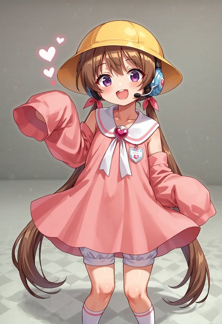 score_9, score_8_up, score_7_up, source_anime, BREAK
<lora:TsukiyomiAi_MMD_Pony_V1:0.9> Tsukiyomi_Ai, Purple Eyes, brown hair, very long hair, low twintails, bangs, pink hair ribbon, headset, school hat, yellow hat, 
White neck ribbon, kindergarten uniform, collared dress, frilled collar, pink dress, Heart Brooch, short dress, Sleeveless dress, Heart name tag, 
(off Shoulder), collarbone, sleeves past fingers, pink sleeves, 
cowboy shot,smile, open mouth, fung,flat chest,  close up,