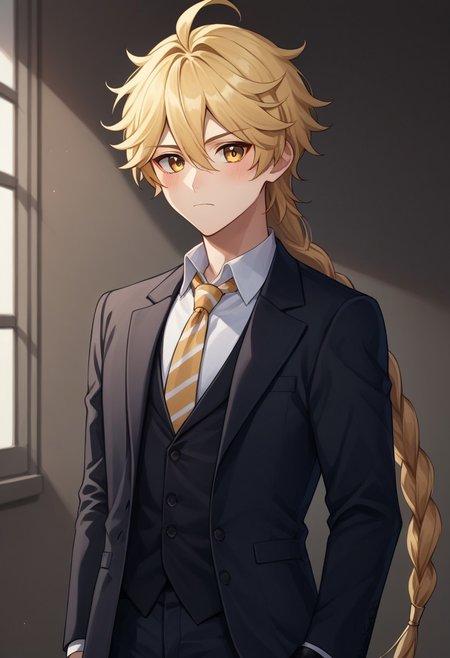 score_9, score_8_up, score_7_up, source_anime, highly detailed, 
traveler, 1boy, male focus, solo, blonde hair, long hair, bangs, hair between eyes, braid, single braid, ahoge, yellow eyes, jewelry, single earring, formal. suit, jacket, black jacket, shirt, white shirt, collared shirt, necktie, frown, blush,
indoor,
