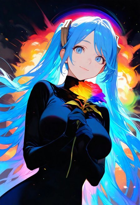 masterpiece, best quality, amazing quality, very aesthetic, absurdres, 
1girl, Sona, league of legends, golden hairpins, large breasts, long turquoise hair, two tails hairstyle, long blue dress, two colored hair
,magic circles, sweet expression, looks at the flower, close-up of face, face in shadow, body in shadow, dark setting, beautiful black dress, gloves on her hands, thin lips, narrow mouth, cat's smile, solo upper body, angle from above, Dutch angle, hand near the face, holding a flower, rose, rainbow, crystal, fragile, transparent, luminous, magical rose, very beautiful, bright, multicolored, bright magical particles, smoke, fog, multicolored, small, colorful, explosion of colors, soft light, vibrant colors, multicolored rainbow light, focus on face, lots of soft light and colorful particles, colorful, masterpiece, best quality, amazing quality, very aesthetic, absurdres, newest, soft light, explosion of colors, masterpiece, best quality, colorful, bright, multicolored, bright colors of paint, masterpiece, best quality, amazing quality, very aesthetic, absurdres, lots of multicolored rainbow light, focus on the face, lots of soft light, soft colors, lots of colorful particles, dark, hard to see,