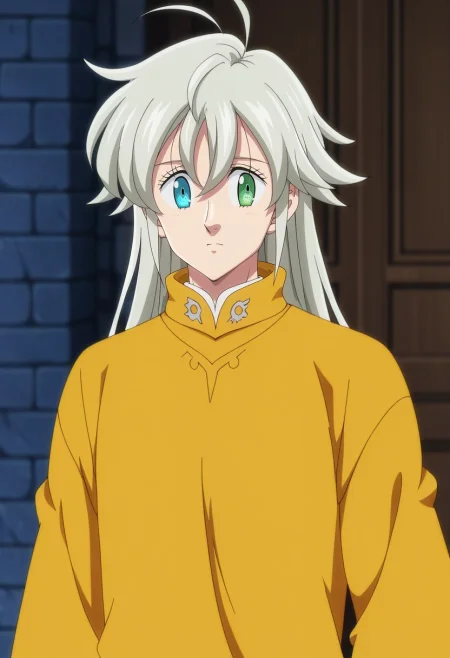 masterpiece, best quality, , anime screencap, anime coloring, ,, 1boy, solo, male focus, <lora:tristan_liones_ilxl:1>, tristan_liones, grey hair, green eyes, long hair, ahoge, heterochromia, blue eyes, ,