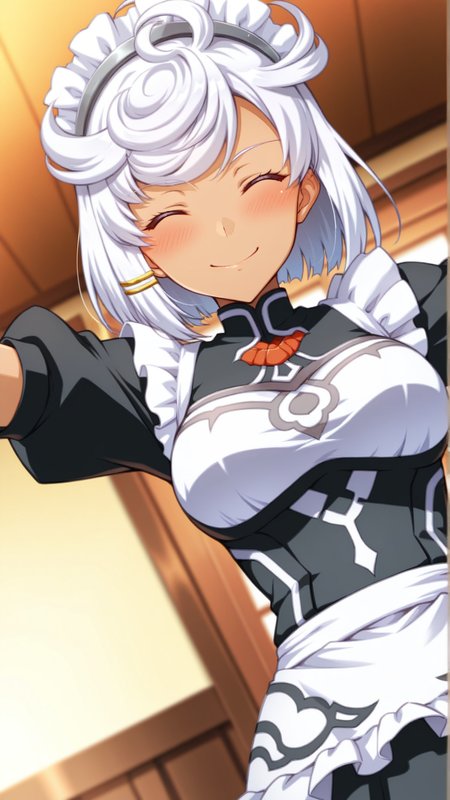 source_anime, general, best quality, masterpiece, 1girl, <lora:Tissisaaq_ill_v1.0:1> tissisaaq\(scarlet grace\),white hair, short hair, dark skin, dynamic pose, dutch angle, maid, maid headdress, maid apron, happy, embarrassed,  cowboy shot,