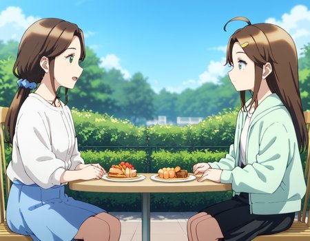 score_9, score_8_up, score_7_up, source_anime, from side, outdoors, blue sky, day, blurry, 2girls, BREAK
looking at another, talking, open mouth,
konomi moriya, long hair, brown hair, parted bangs, sidelocks, dark green eyes, low ponytail,
blue hair scrunchie, casual outfit, collarbone, white blouse, medium sleeves, blue skirt
sitting on chair,
<lora:konomi_moriya_anime-soralz:0.7>
ADDCOL
table, food, window, park,
ADDCOL
looking at another, children, drinking, glass, straw,
marika shiraishi, brown hair, long hair, parted bangs, sidelocks, ahoge, hairclip, blue eyes,
casual outfit, green jacket, white shirt, long sleeves, open clothes, black skirt, 
sitting on chair,
 <lora:marika_shiraishi_takae_nijima_anime-soralz:0.7>