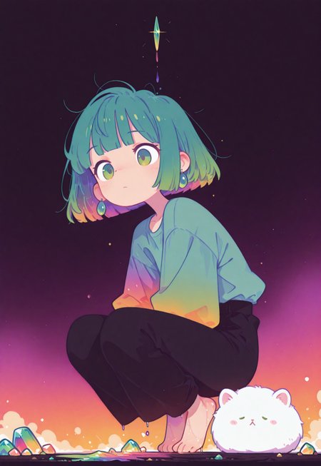 masterpiece, best quality, newest, very awa, Smooth, no lineart, no outline, very aesthetic, flat colors, colorful themes, High Saturation, orenji, 
1girl, petite, cute, emerald hair, bob cut, short hair, green eyes, fair skin, messy hair, gradient purple background,
tippy toes, lean, fl4t,