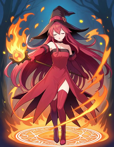 <lora:DHERivieracierra_SDXL_illustrious_fp16_ver01:1>, DHERivieracierra, 1girl, witch hat,  red hair, long hair,red eyes, black choker, dress, bare shoulders, elbow gloves, red thigh boots, holding wand,magic circle, fire,flame,closed eyes, open mouth,, masterpiece, best quality, very aesthetic, absurdres,<lora:detailed_hands:1>,hand