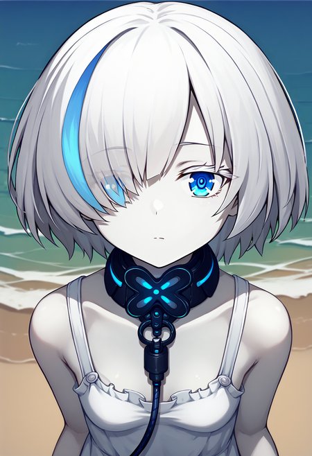 score_9, score_7_up, BREAK, ocean, white sundress, collar, cable, close-up, looking at viewer, 
<lora:tbazurlanev2:1>, white skin, blue eyes, multicolored hair, streaked hair, colored eyelashes, tbtypea, short hair, hair over one eye, small breasts