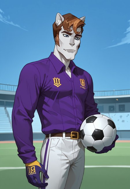 safe_pos, safe_pos, score_9, score_8_up, score_7_up, rating_nsfw, ultra hd, absurdres, solo, 1boy, masterpiece, best quality, best aesthetic, Expressiveh, wolfconf,

MHRomulus, werewolf, furry male, brown hair, purple shirt, football field, football jersey
