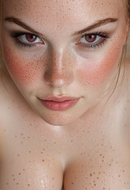 beautiful lady, (freckles), big smile, ruby eyes, pigtails hair, dark makeup, medium round breasts, rose nipples, hyperdetailed photography, soft light, head and shoulders portrait, cover