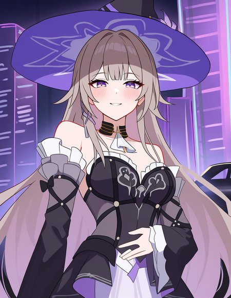masterpiece, best quality, newest, absurdres, highres, safe,, <lora:the-herta-illustriousxl-lora-nochekaiser:1>, the herta, the herta (honkai: star rail), brown hair, long hair, purple eyes, medium breasts,, bare shoulders, black dress, black hat, detached sleeves, hat, hat flower, hat ornament, long sleeves, pantyhose, witch hat, street, cars, buildings, city, people, smile, hand on stomach, blush, looking at viewer, solo,, cowboy shot, solo
