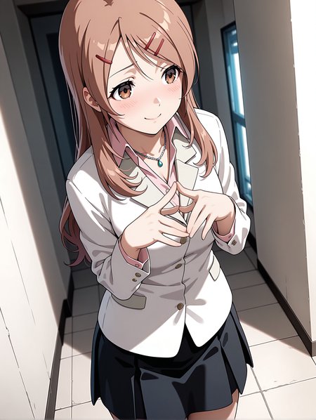 masterpiece,best quality,newest,
1girl,solo,
<lora:sakurai_yukino_ilxl_v1.0:1>,brown hair,brown eyes,long hair,
y_clothes,necklace,uniform,white jacket,shirt,black skirt,
<lora:Fixhands_anime_bdsqlsz_V1:1>,standing,smile,light_blush,shy,embarrass,looking_at_viewer,dynamic_angle,cinematic_angle,white_background,simple_background,steepled fingers,cowboy_shot,upper_body,