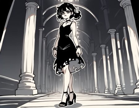 (score_9,score_8_up,score_7_up:1), 1girl, full body, voyeur view, horror, darkness, internal glow, radiant skeleton, amused, (goth, (black lipstick, black mascara, black eyeshadow)), (flat tummy, close shoulders), skeletal hair, intricate layered hairstyle, choker, eyeshadow)), (pearly white rough skin), big ass, tight butt, (swimming), vibrant lava, (<lora:goth_clothes:1>, goth dress, gothic jewelry, black dress, detailed dress, black high heeled shoes), <lora:The_Coffin_of_Andy_and_Leyley_Game_Artstyle_PonyXL:1>