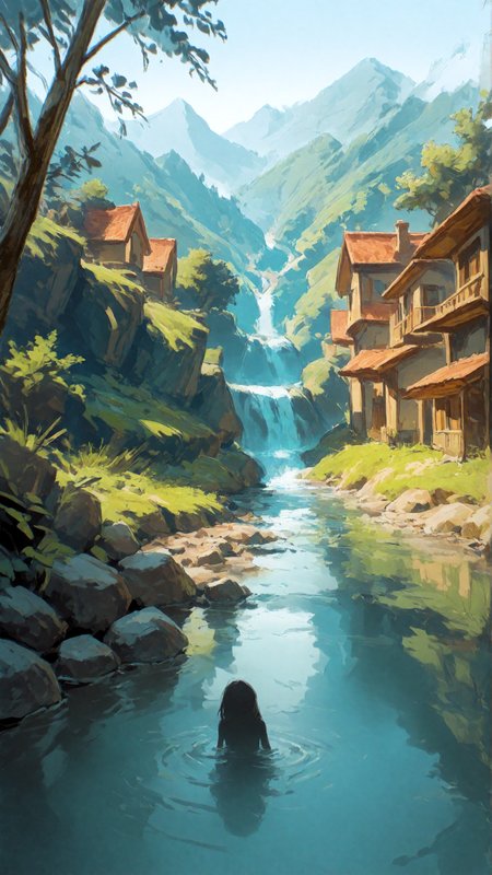 masterpiece, newest,absurdres,incredibly absurdres, best quality, amazing quality, very aesthetic, painterly, expressive, ( nature, scenery),
1girl, silhouette,  hills, town, creek, lone girl, 
 <lora:dango:1>