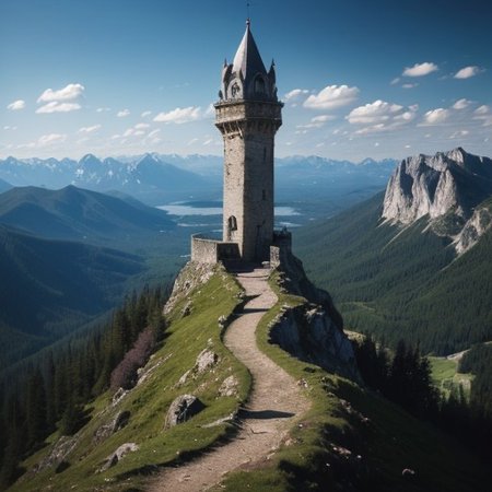 realistic analog photo, award winning photo, vary wide shot of magic stone witow tower on a Mountain peak, (Military watchtower), scenery,  fantasy, Mountain top, path, nature, outdoors, RAW, highres, 8k, uhd, High Dynamic Range, tonemapping, crisp details,