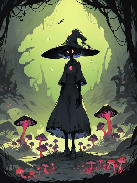score_9, score_8_up, score_7_up, score_6_up, score_5_up,  <lora:DemizuPosukaXLP:0.7> demizuposuka, 1girl, curvy, dress, cute, solo, witch, bioluminescence, mushrooms, fog, cave, creepy,  <lora:f3nn3rXLP:0.7> f3nn3r