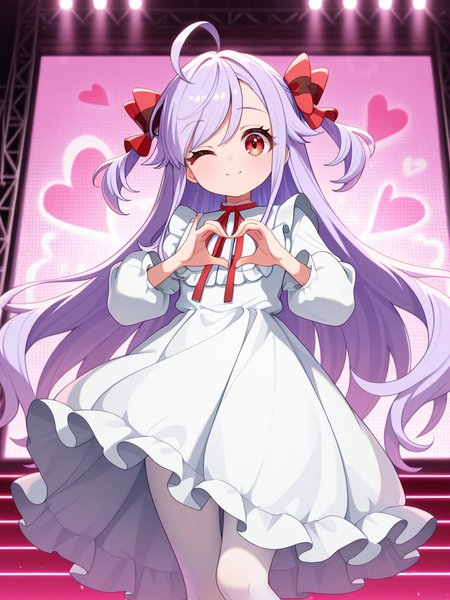 masterpiece, best quality, amazing quality, 1girl, solo, looking at viewer,
dress, white dress, frilled dress, neck ribbon, long sleeves, puffy sleeves, white pantyhose,
anime coloring, <lora:Niizuma_Yae_SIRIUS-10:1>, Niizuma_Yae_SIRIUS, long hair, red eyes, hair bow, red ribbon, purple hair, two side up, ahoge, sidelocks, swept bangs, wink, heart hands, stage